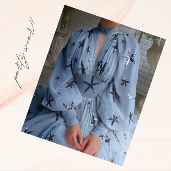 NWOT Blue Beaded Chiffon Maxi Dress Size L - Picture 1 of 8